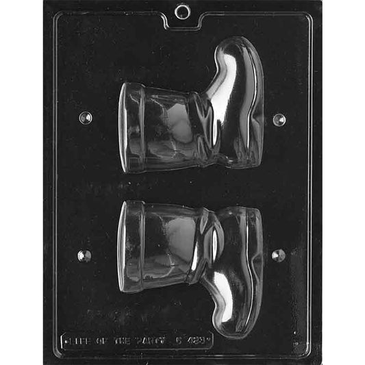 Clear plastic Medium 3D Santa Boot Chocolate Mold with two mirrored boot halves featuring wide cuffs, folded ankle details, and turned-up toes