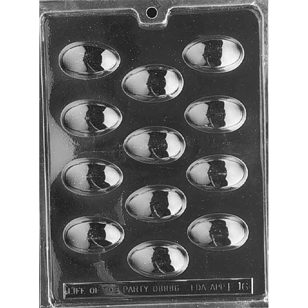Clear plastic medium egg chocolate mold shown on a black background with 10 smooth oval egg cavities, each with a rounded dome shape and glossy cavity finish.