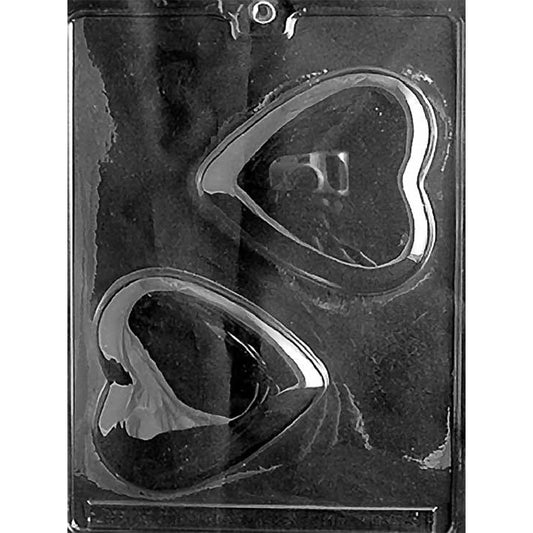 Clear Medium Smooth Heart Chocolate Mold photographed against a black background with two 4-inch heart cavities and rounded surfaces