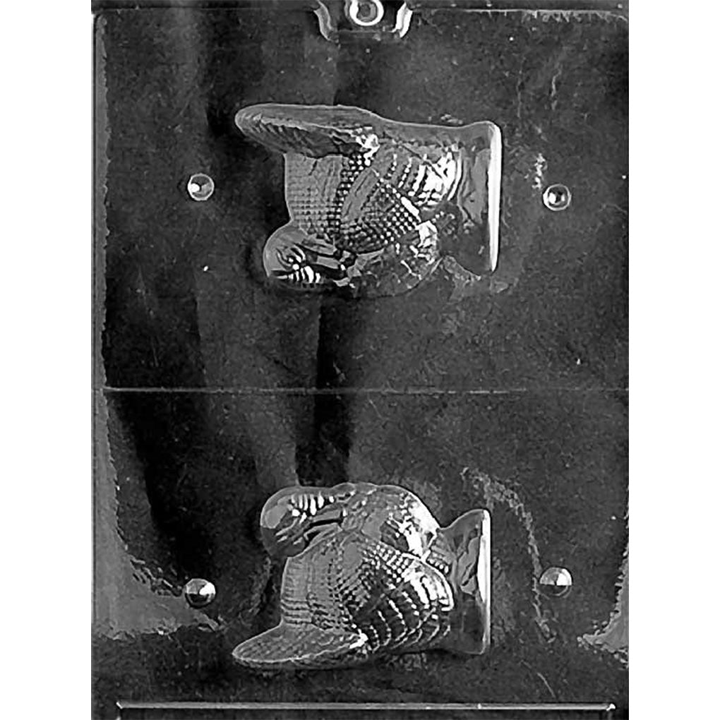 Clear two-piece chocolate mold with matching turkey halves featuring textured wings, layered feathers, sculpted bodies, and detailed heads on a dark background.