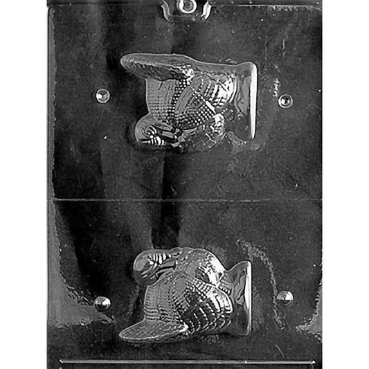 Clear two-piece chocolate mold with matching turkey halves featuring textured wings, layered feathers, sculpted bodies, and detailed heads on a dark background.