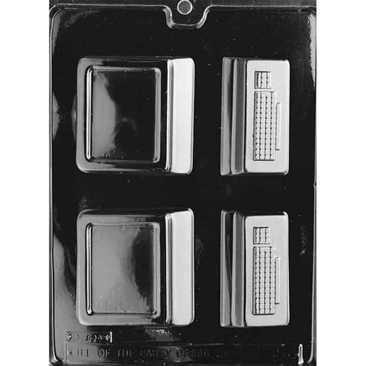 Four-cavity medium vintage computer chocolate mold with two CRT-style monitors and two detailed keyboards for making two assembled computer sets
