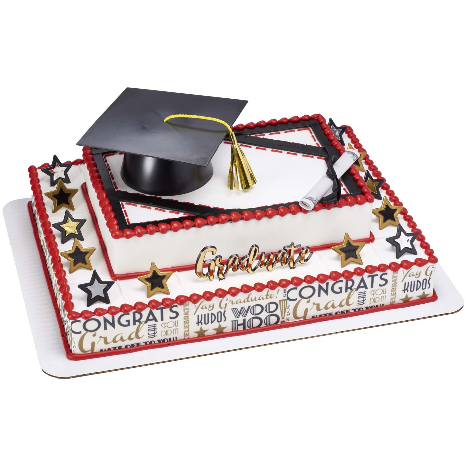 Graduation sheet cake on a larger decorated base, topped with a black mortarboard cap and gold tassel, rolled diploma, and gold “Graduate” pick, with red piped borders, star decorations, and a “Congrats” themed wrap around the bottom tier.