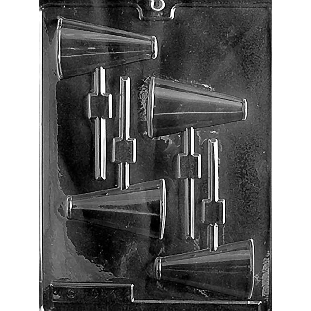 Clear plastic chocolate lollipop mold with 4 side-view megaphone cavities featuring flared bells, narrow mouthpieces, and individual stick channels.