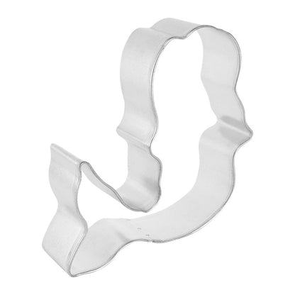 Side-angle view of a mermaid cookie cutter, showing its detailed wavy edges for the tail and head, crafted from sturdy metal.