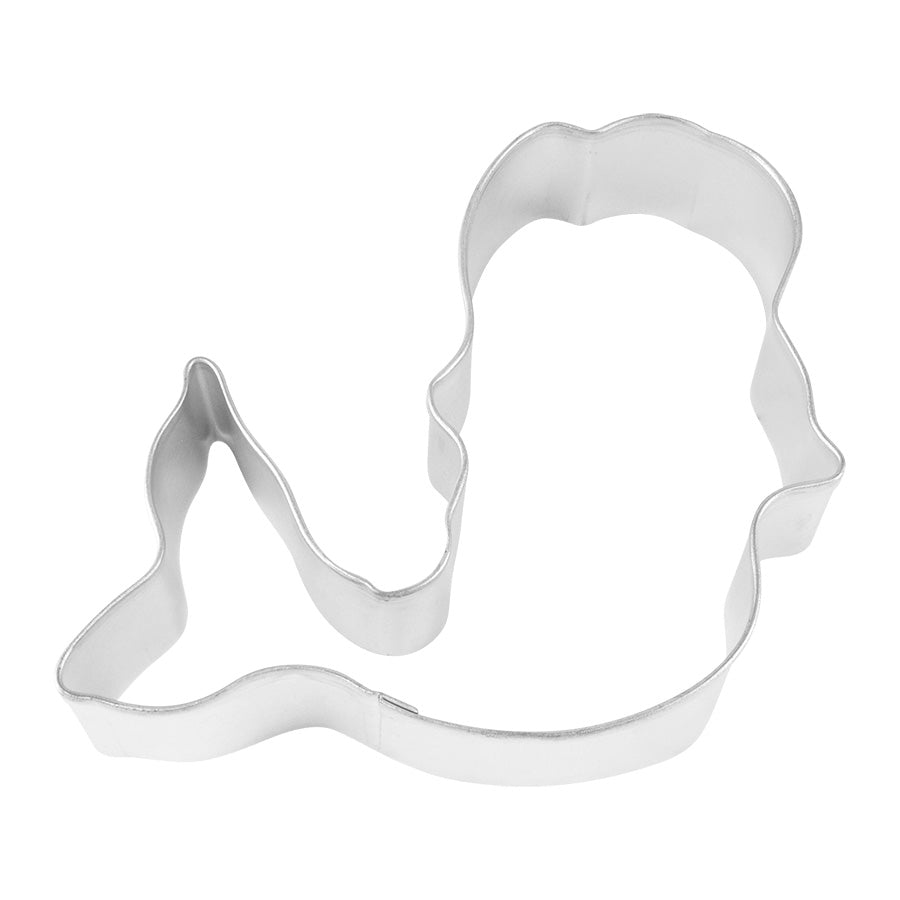 Top-down view of a mermaid-shaped metal cookie cutter featuring a flowing hair silhouette and curved tail, set against a white background.