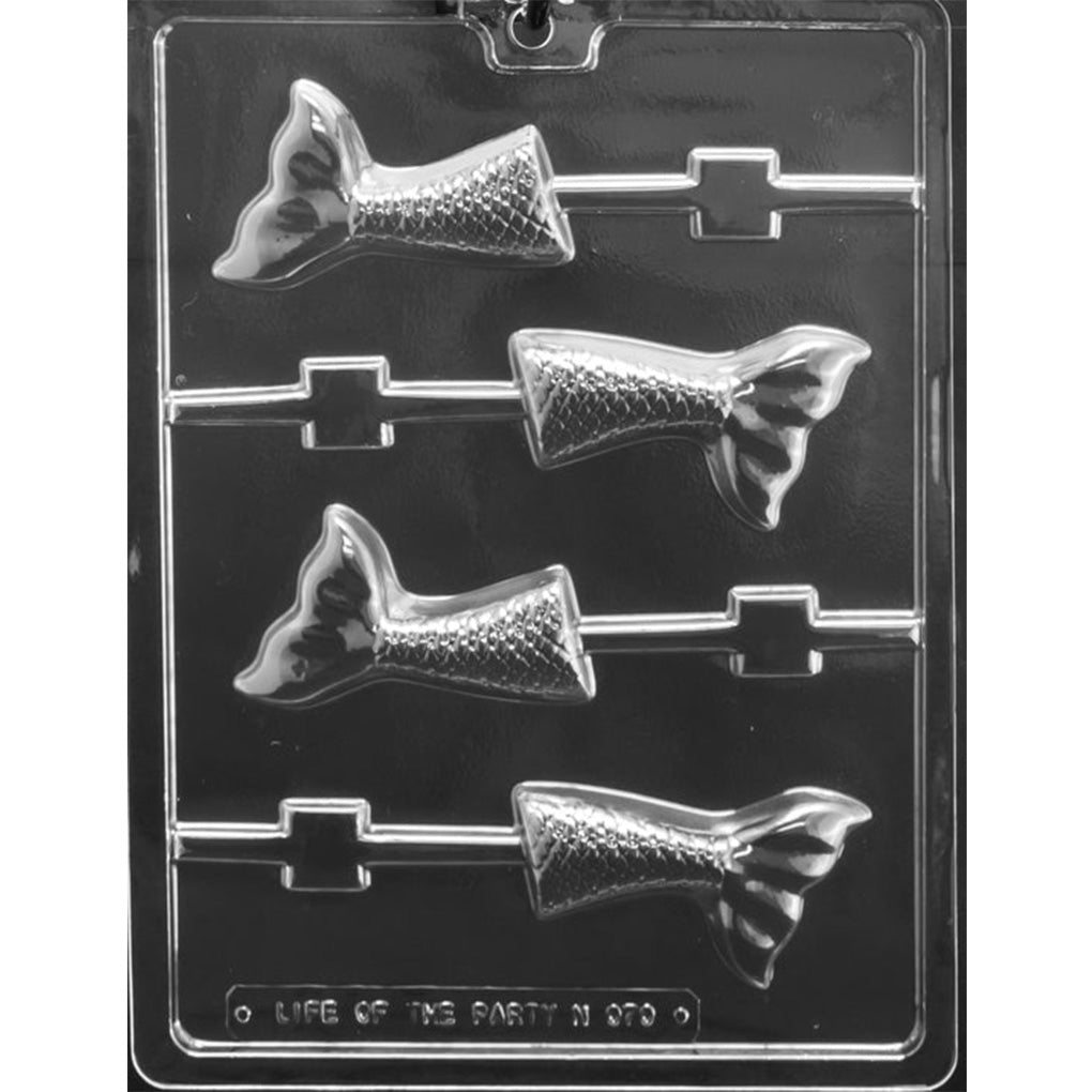 Clear plastic Mermaid Tail Chocolate Lollipop Mold with four scaled tail cavities, flared fins, and built-in stick channels