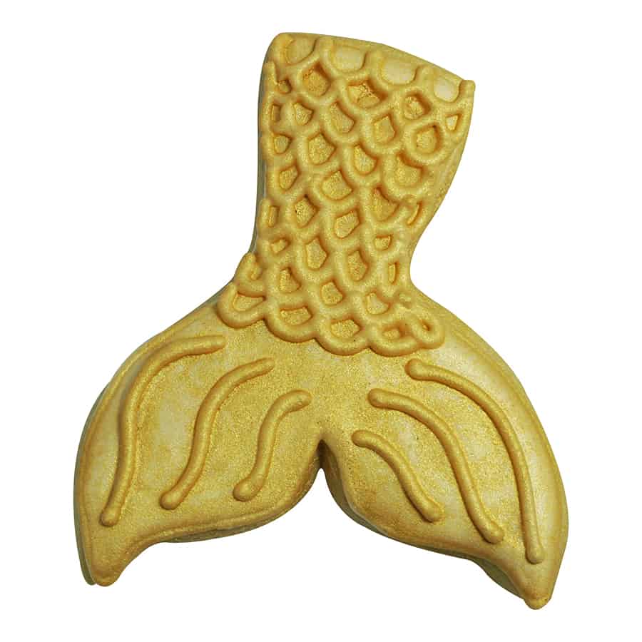 Mermaid tail cookie decorated with shimmering gold icing and elegant texture.