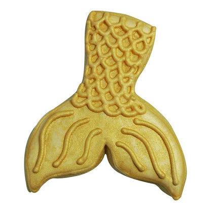 Mermaid tail cookie decorated with shimmering gold icing and elegant texture.