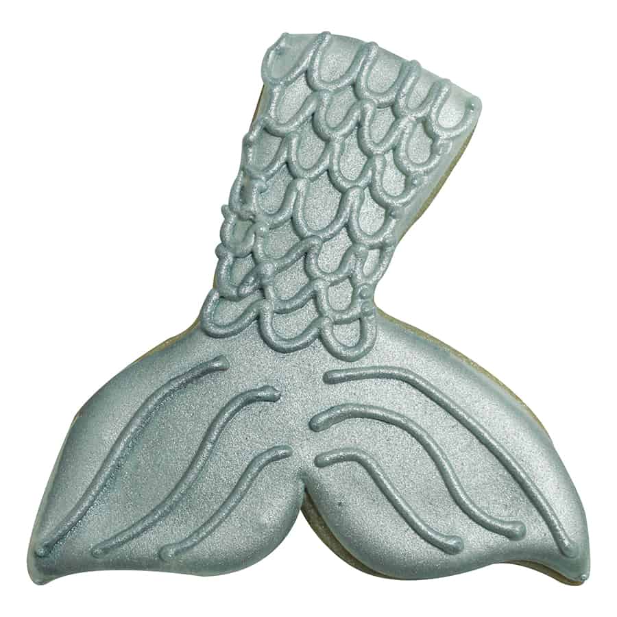 Mermaid tail cookie decorated with metallic blue icing and intricate scale detailing.