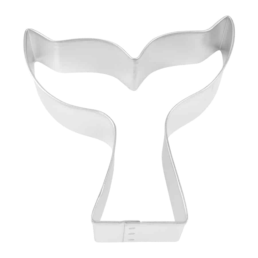 Mermaid tail-shaped cookie cutter in a silver finish, displayed flat against a white background.