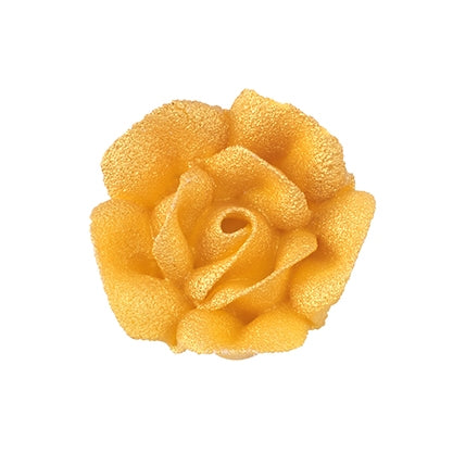 Small metallic gold royal icing rose decoration with a textured shimmer finish, measuring about 0.75 inches, shaped with layered petals.