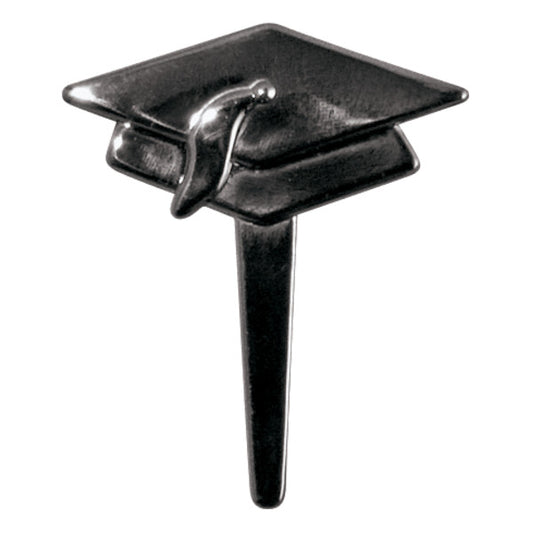 Black metallic graduation cap cupcake pick with detailed tassel design.
