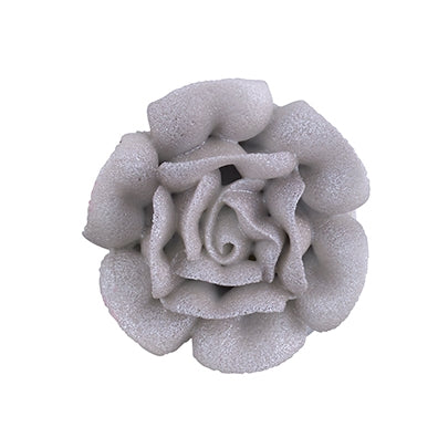 Metallic silver royal icing rose with layered petals, approximately 1 3/8 inches, designed for elegant cake and cupcake decoration.