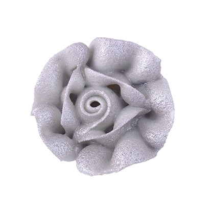 Metallic silver royal icing rose with realistic swirling petals and a subtle shimmer, measuring approximately 3/4 inch, displayed on a white background.