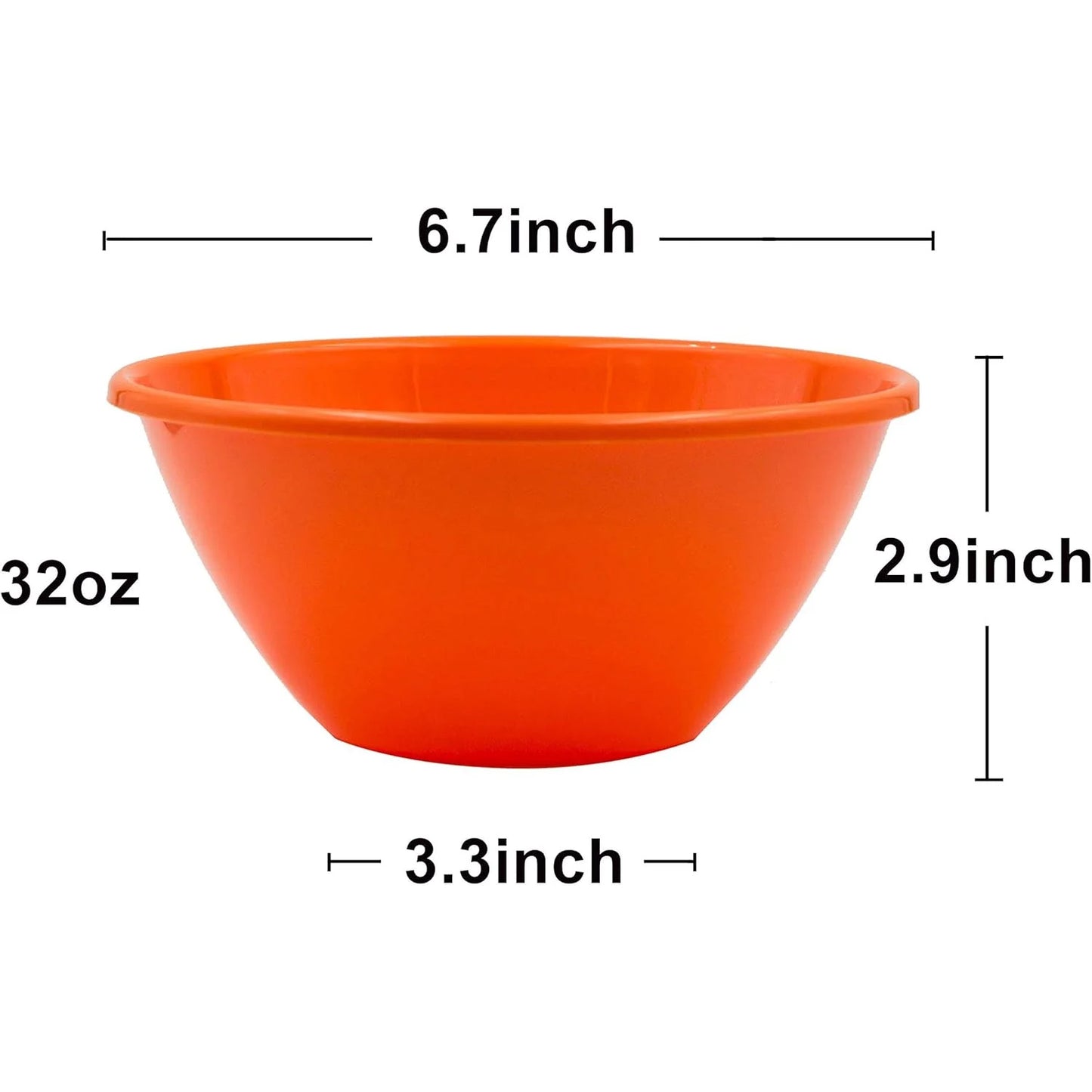 Orange 32 oz. microwavable chocolate melting bowl showing 6.7-inch diameter, 2.9-inch height, and 3.3-inch base measurements.