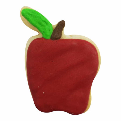 Decorated apple-shaped cookie with red icing and a green leaf.