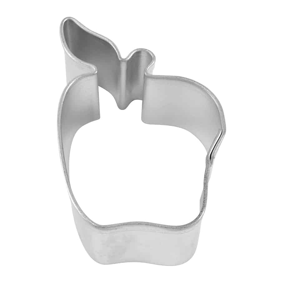 Mini apple-shaped cookie cutter made of tinplated steel.