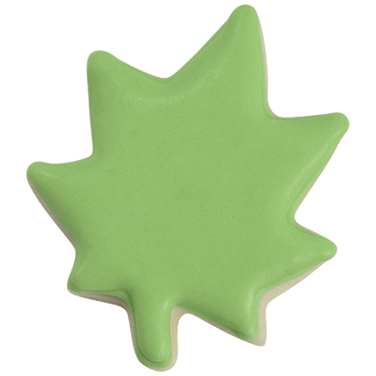 Green maple leaf cookie with smooth icing.