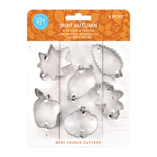 Mini autumn cookie cutter set in clear packaging with six seasonal shapes.