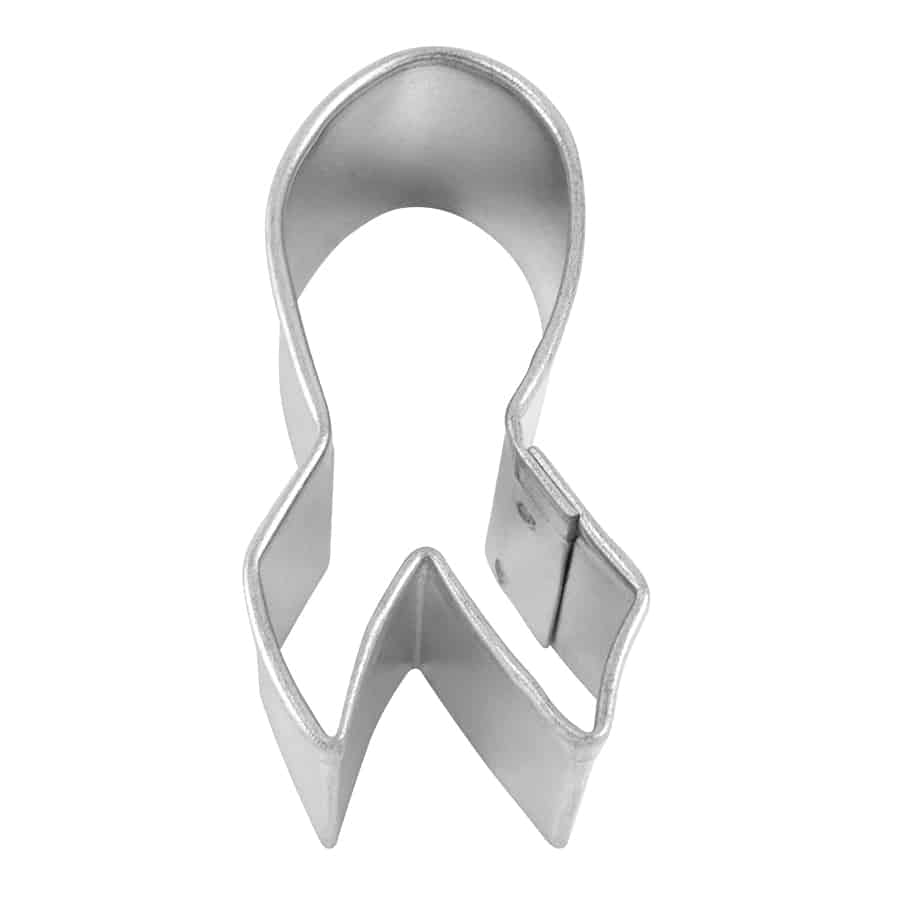 Small metal Mini Ribbon Cookie Cutter measuring 1.75 inches tall, shaped like a looped awareness ribbon with angled ends.