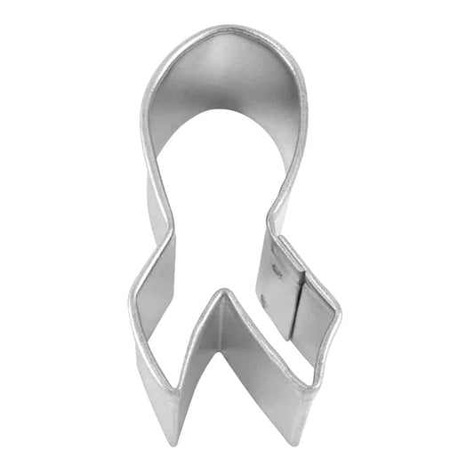 Small metal Mini Ribbon Cookie Cutter measuring 1.75 inches tall, shaped like a looped awareness ribbon with angled ends.