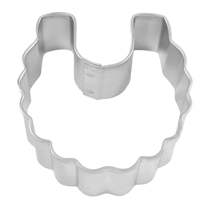 Mini baby bib cookie cutter, made of metal, shown from a top-down view.