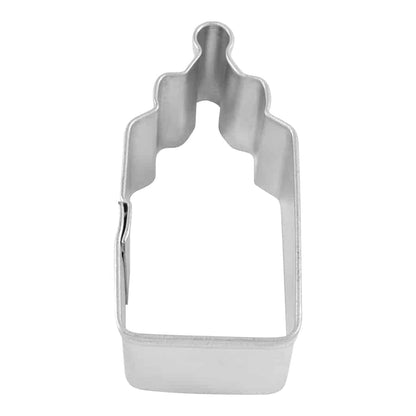 Mini baby bottle cookie cutter, made of metal, shown from a top-down view.