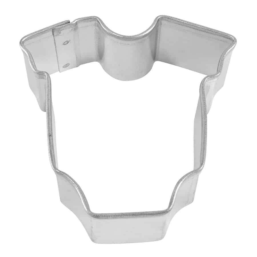 Mini baby bodysuit cookie cutter, made of metal, shown from a top-down view.