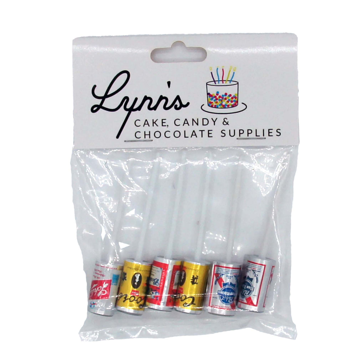 Retail package containing eight mini beer can cupcake picks with assorted red, gold, white, and blue can labels on white plastic stems.