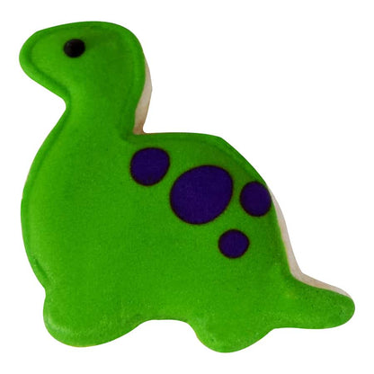 Decorated green Brontosaurus cookie with purple spots, shaped using the cookie cutter.