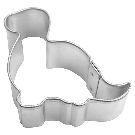 Mini Brontosaurus-shaped cookie cutter made of silver metal, featuring a classic long-necked dinosaur design.