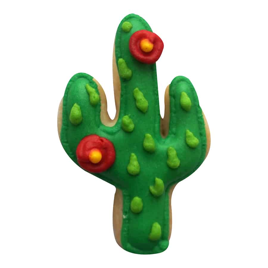 A decorated cactus-shaped cookie with green icing, textured details resembling spines, and red icing flowers.