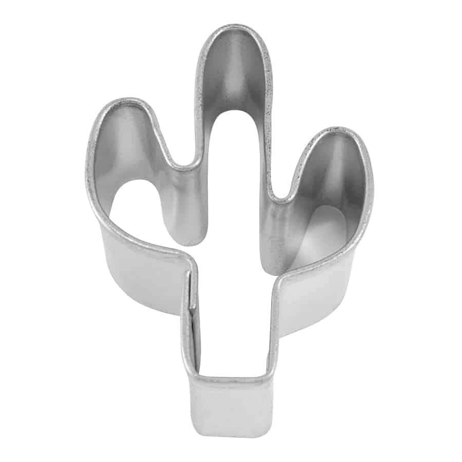 A metal mini cactus cookie cutter with a classic saguaro cactus shape, featuring two upward arms and a sturdy base.