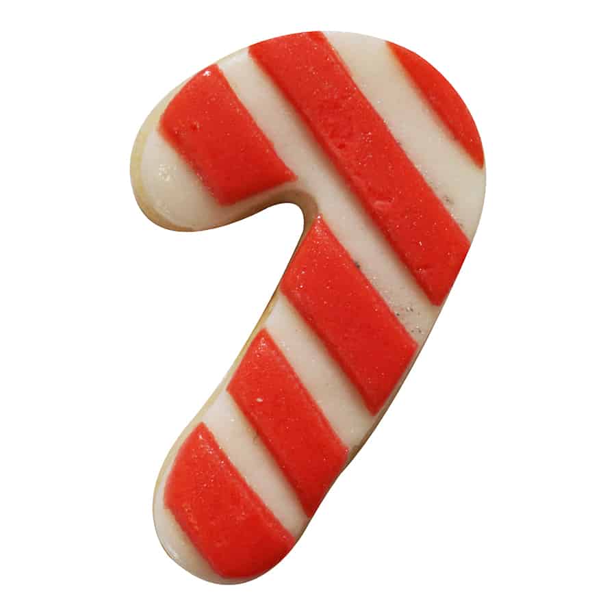 Mini candy cane-shaped cookie decorated with red and white stripes, capturing a classic holiday look.