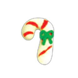 Mini candy cane royal icing decorations in red and white, each approximately 3/4 inch, sold in a 10-count pack for Christmas desserts.