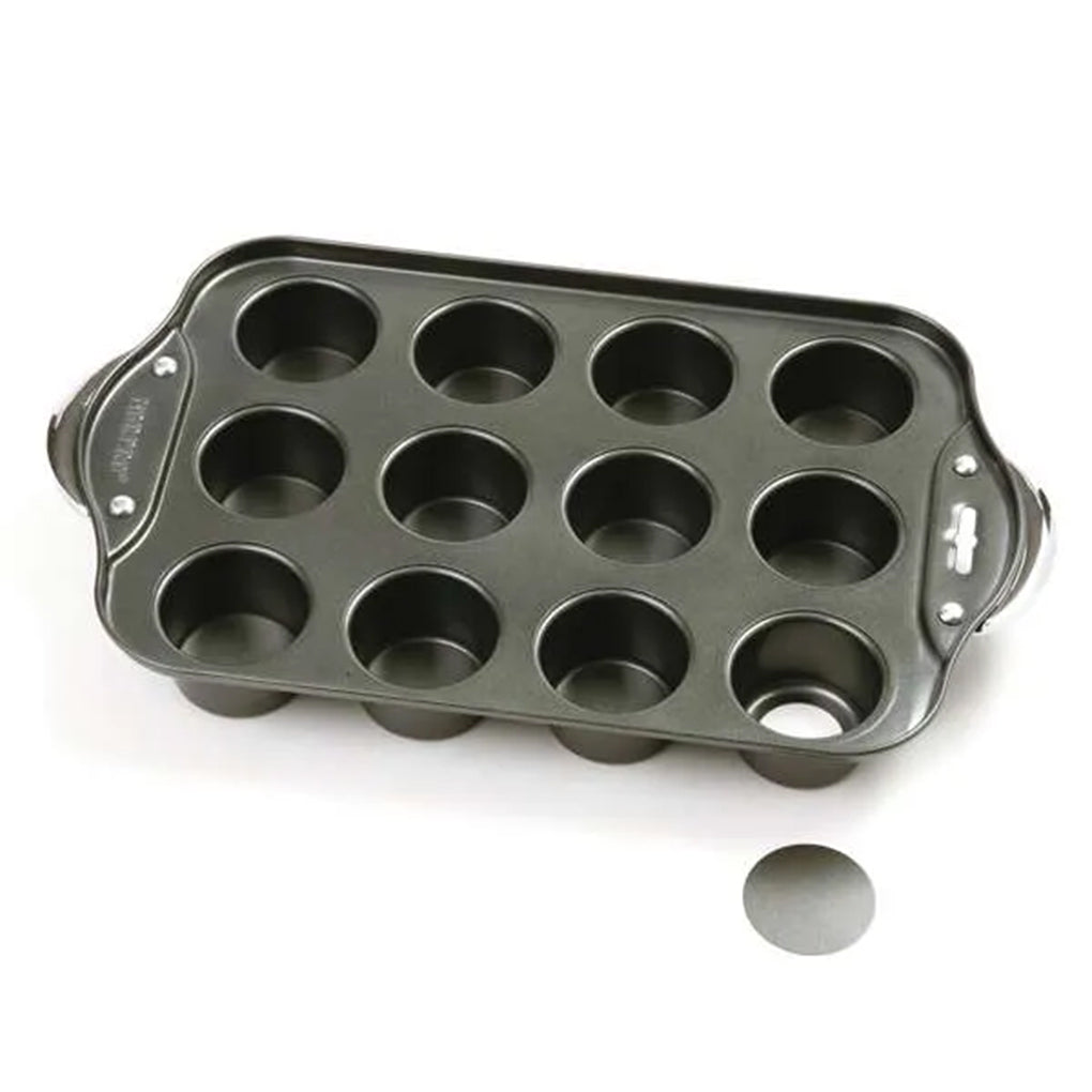 12-hole mini cheesecake pan with nonstick finish and a removable round bottom disk shown beside it.