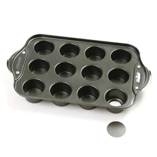 12-hole mini cheesecake pan with nonstick finish and a removable round bottom disk shown beside it.
