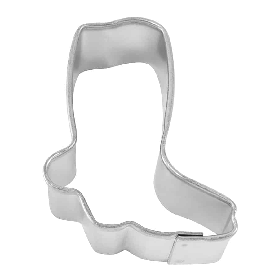 Mini cowboy boot cookie cutter made of silver metal, shaped like a classic Western boot.