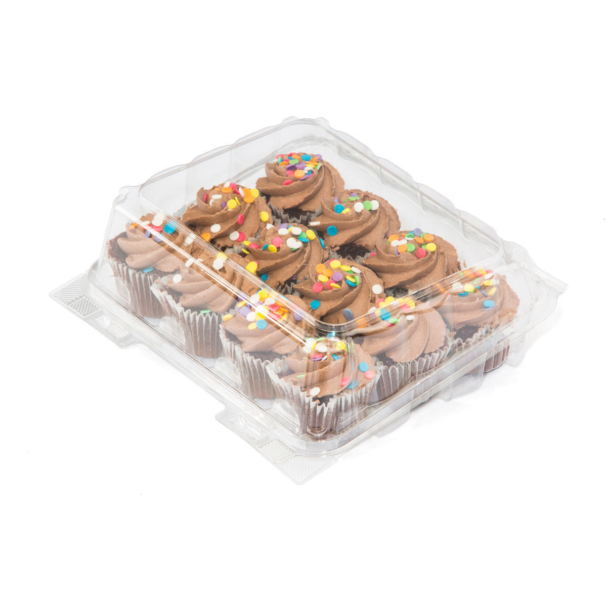 Clear hinged plastic container holding 12 mini cupcakes with chocolate frosting and colorful confetti sprinkles, shown closed on a white background.
