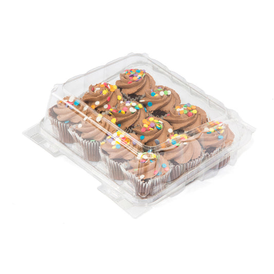 Clear hinged plastic container holding 12 mini cupcakes with chocolate frosting and colorful confetti sprinkles, shown closed on a white background.
