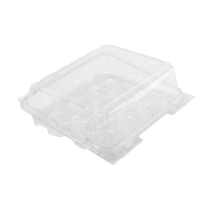 Empty clear hinged mini cupcake container with 12 molded compartments, shown closed on a white background.