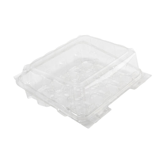 Empty clear hinged mini cupcake container with 12 molded compartments, shown closed on a white background.
