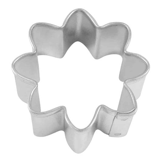 Small metal daisy-shaped cookie cutter with six rounded petals.