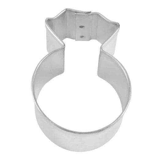 Mini Diamond Ring Cookie Cutter made of metal, measuring 1.75 inches tall, shaped like an engagement ring with a circular band and a faceted diamond on top.