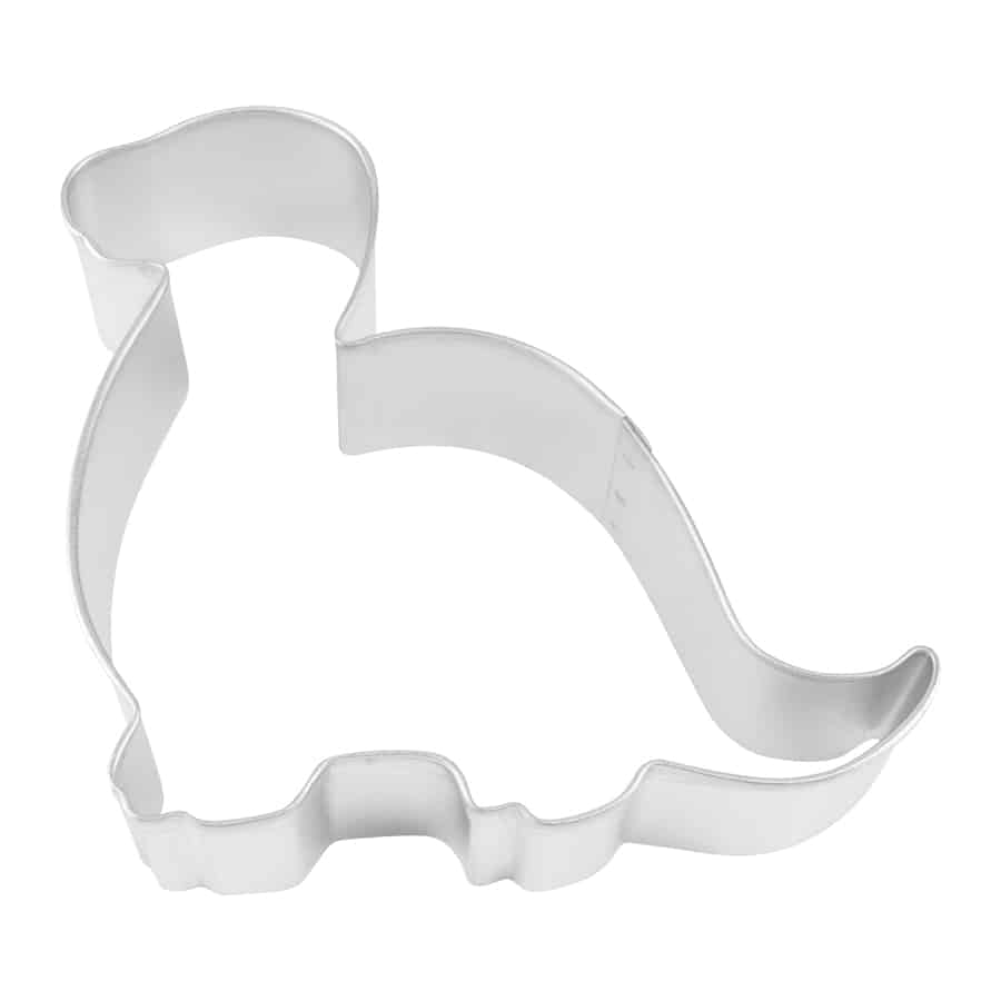 Metal cookie cutter shaped like a baby brontosaurus with a long neck and curved tail, ideal for dinosaur-themed baking.