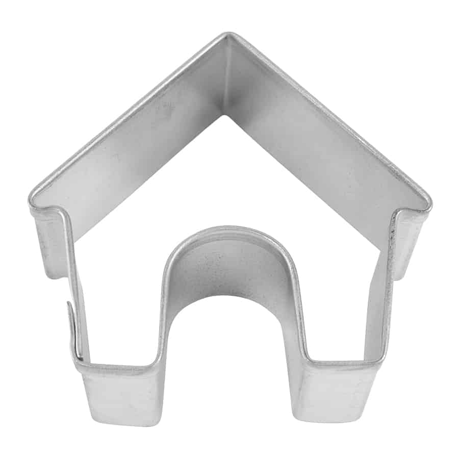 Small metal Mini Dog House Cookie Cutter measuring 1.75 inches wide, shaped like a peaked-roof doghouse with an arched doorway.