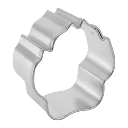 Side view of a mini dog paw cookie cutter with a fluted edge, designed for making pet-themed cookies and treats.