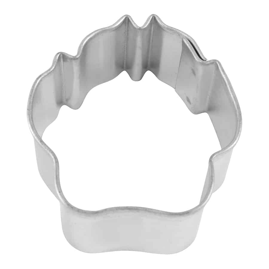 Mini dog paw cookie cutter made of metal, featuring a rounded paw print shape with small toe indentations.