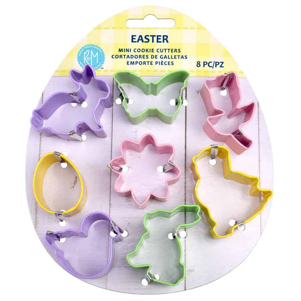 Packaged mini Easter cookie cutter set on a round backing card labeled “Easter,” showing eight pastel cutters including bunnies, chick, duck, egg, butterfly, daisy, and tulip.